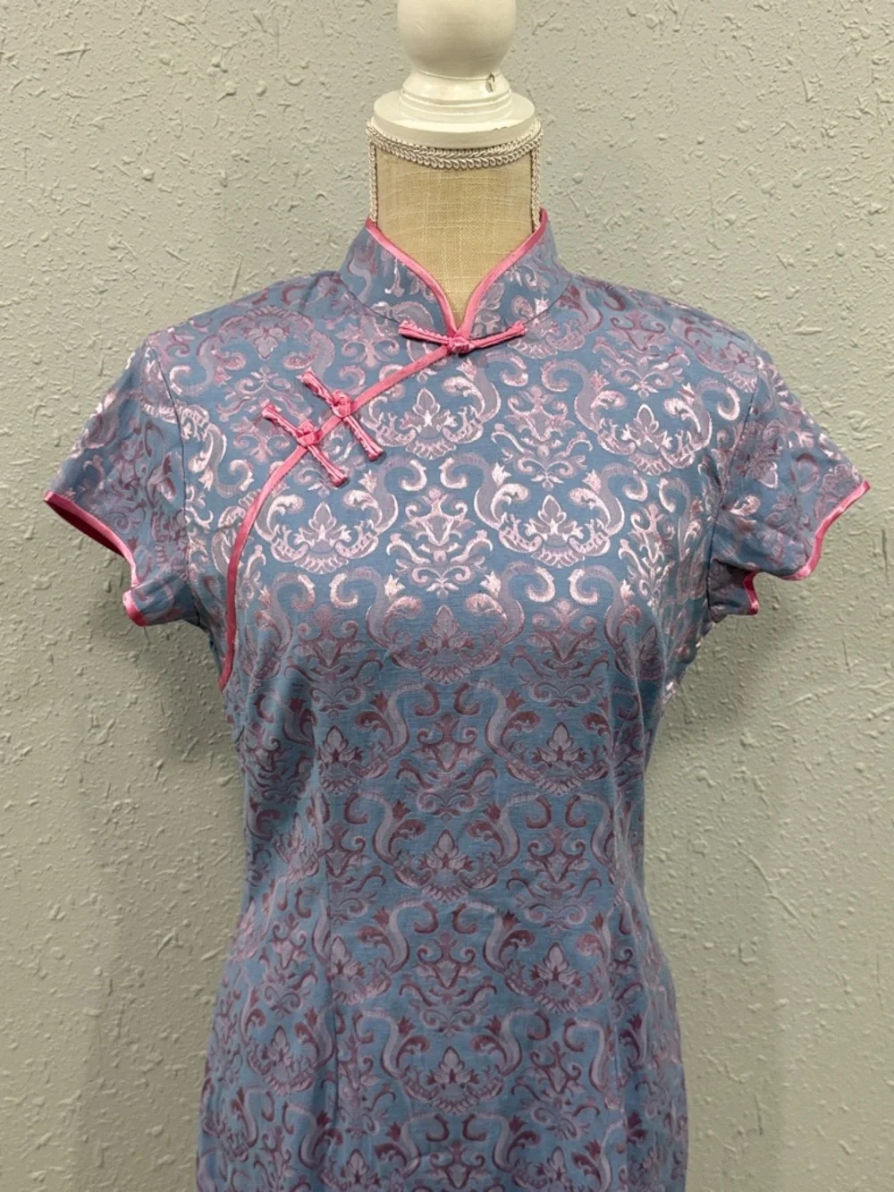 Lavender Midi Cheongsam Dress with‎ Pink Trim Y2K Style